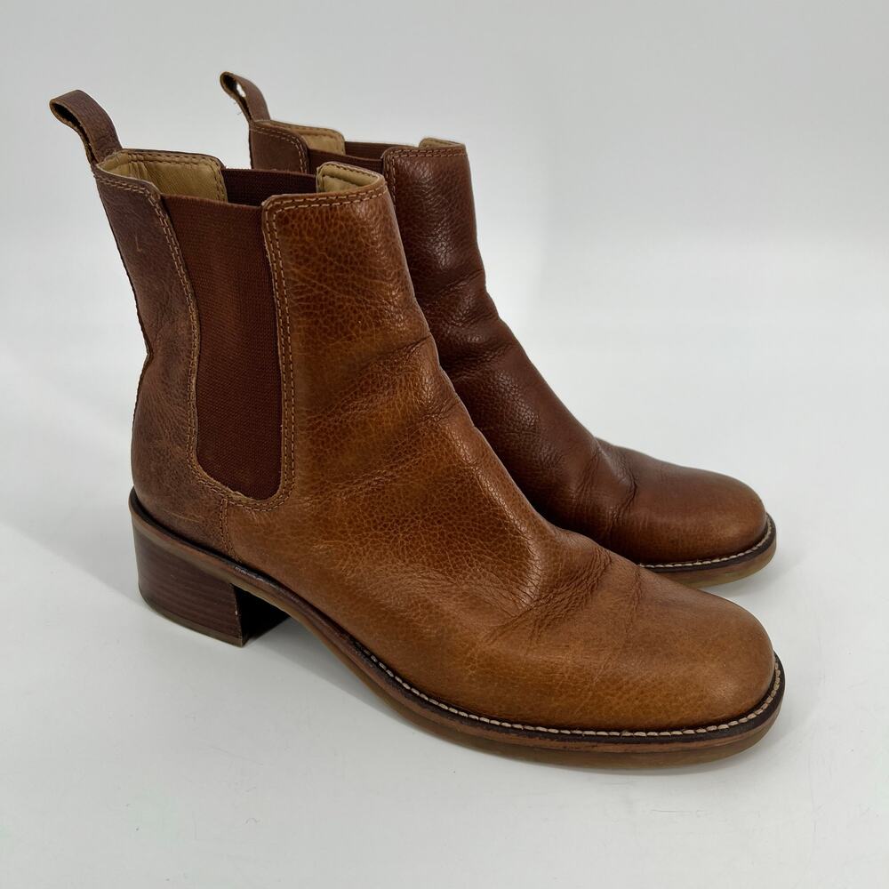 Rockport Chelsea Bootie Womens 9 M Cognac Brown Leather Stacked Heel Boot READ